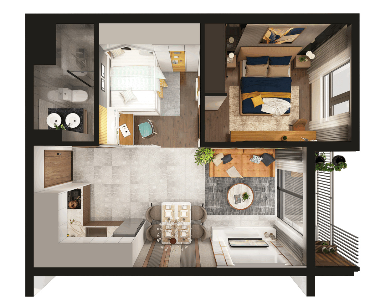 Thiết kế chi tiết căn hộ loại 1PN+1 – 53M2